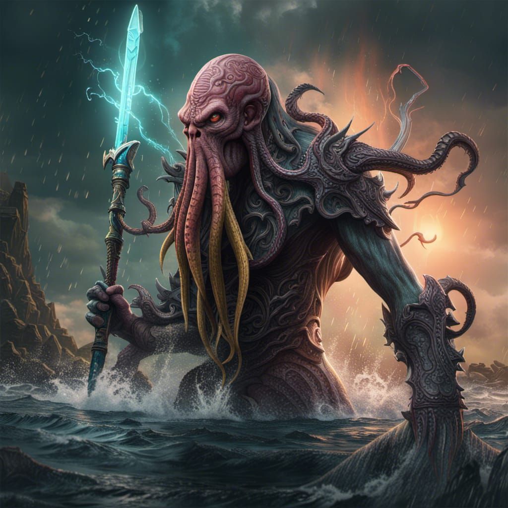 Cthulhu-Human Hybrid Wielding Elemental Swords