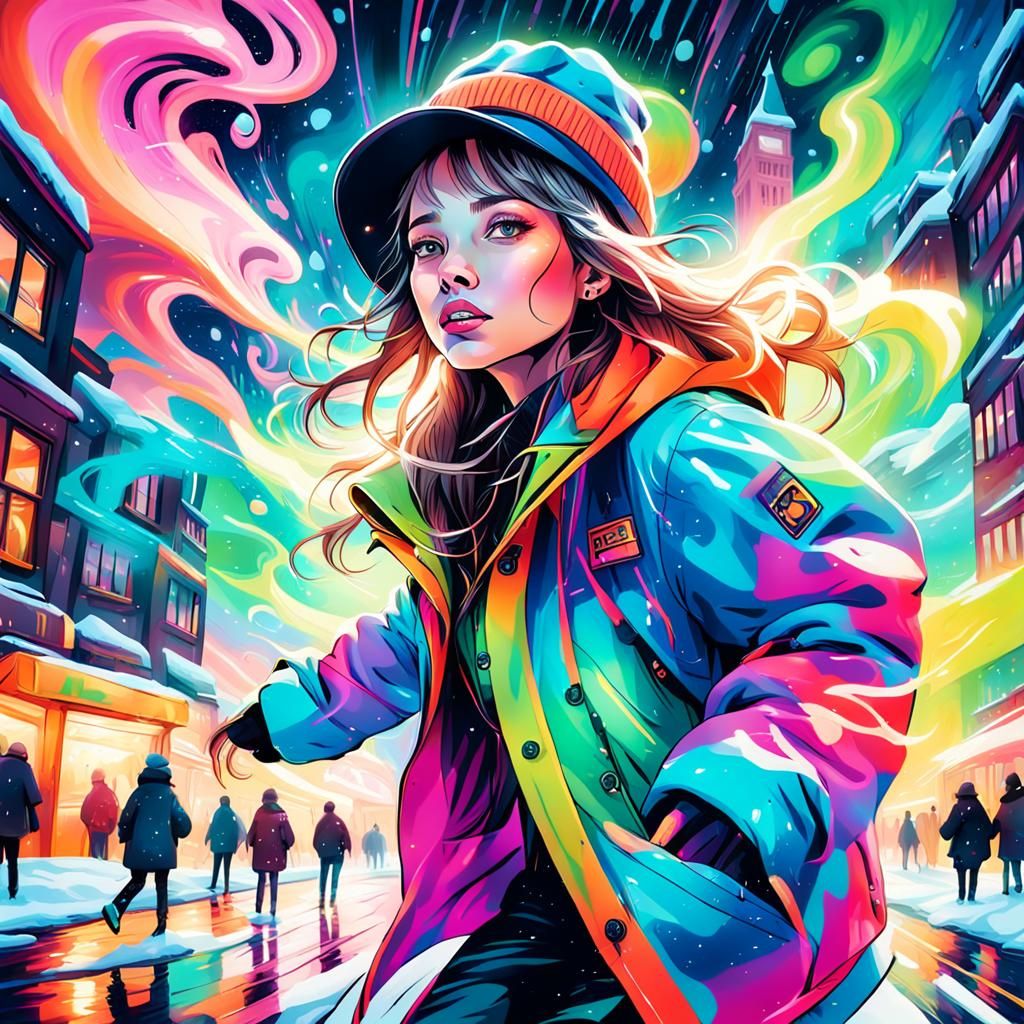 Woman Flies Through Neon Winter Cityscape in Graffiti Art St...