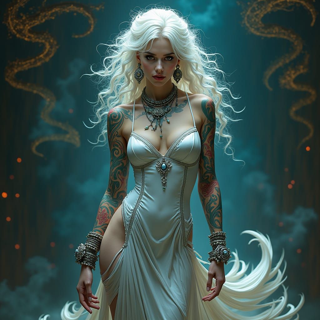 Mystical Tattooed Witch in Silver Ensemble