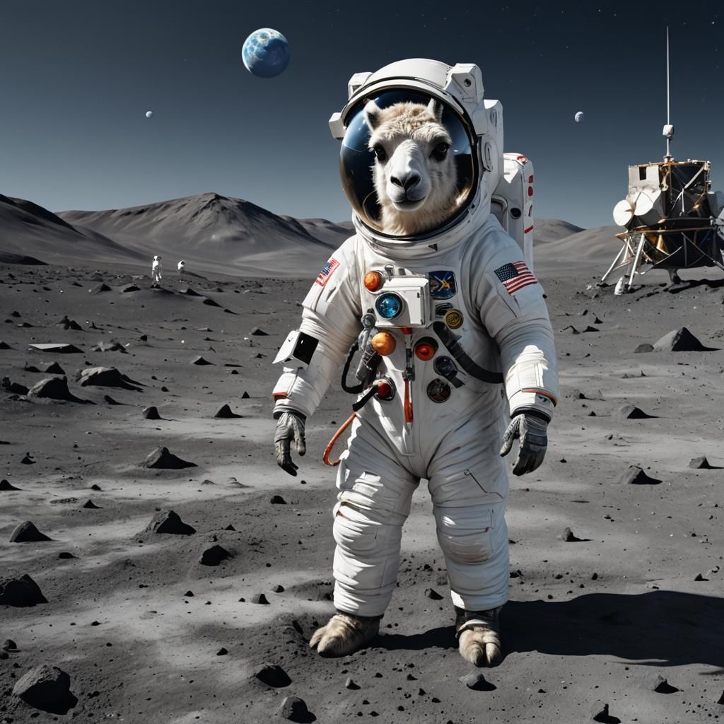 Llama Astronaut on the Moon in Hyperrealistic Style