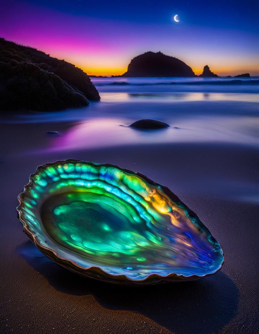 Iridescent abalone shell on a beach at night as the Biolumin...