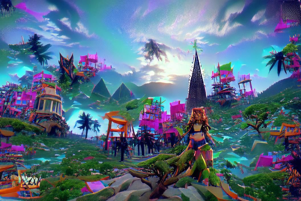 Synthwave Gothic City with Lush Vegetation