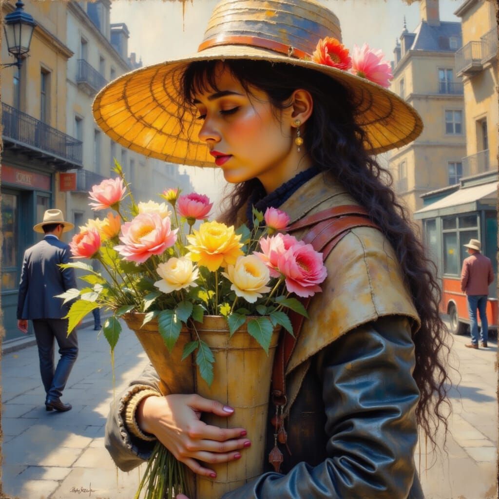 Flower Seller Portrait in London, Dry Brush Oils