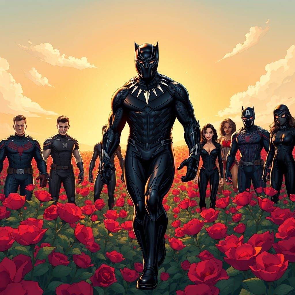 Black Panther Surrounded by Heroes in a Crimson Rose Petal F...