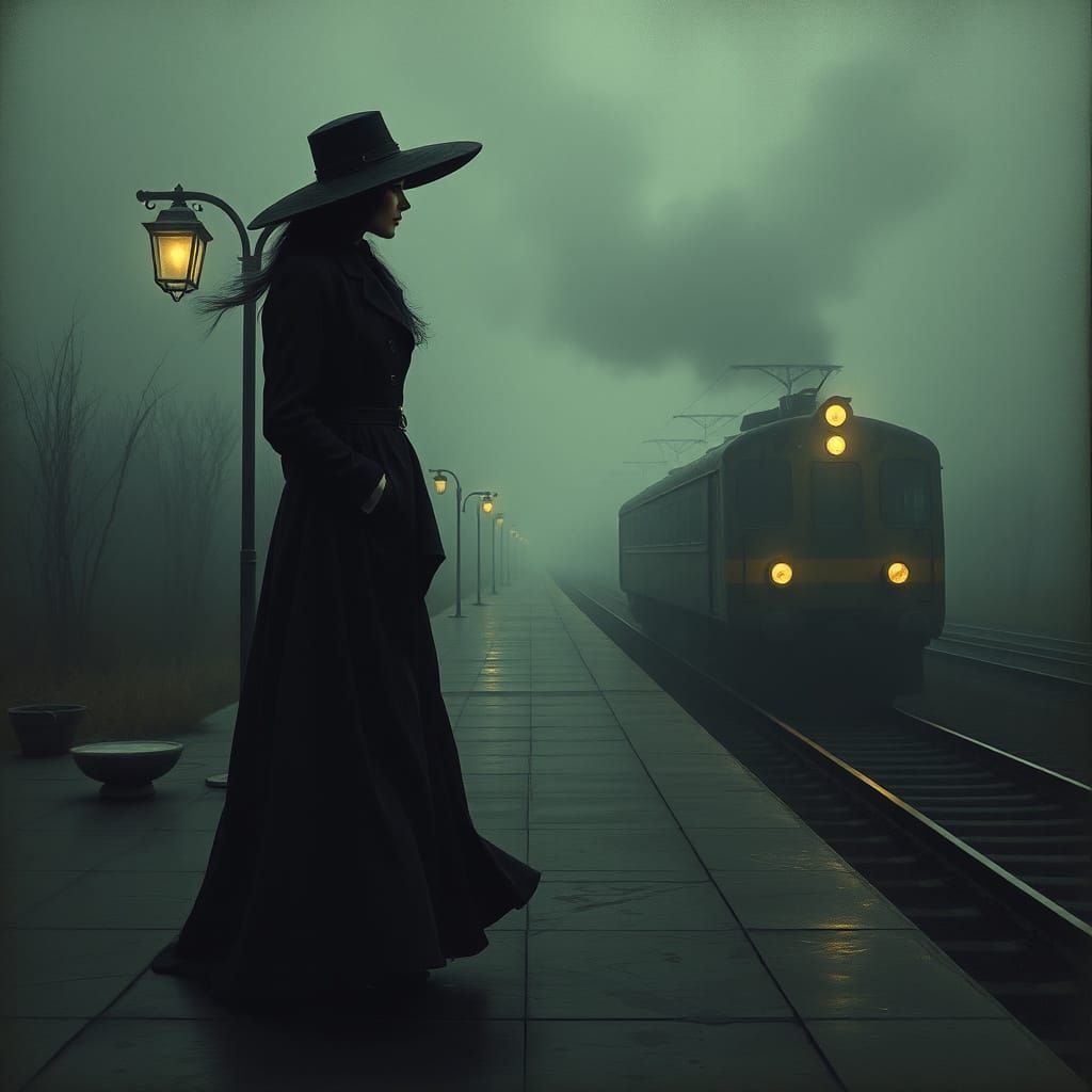 Mystical Woman on Windswept Platform