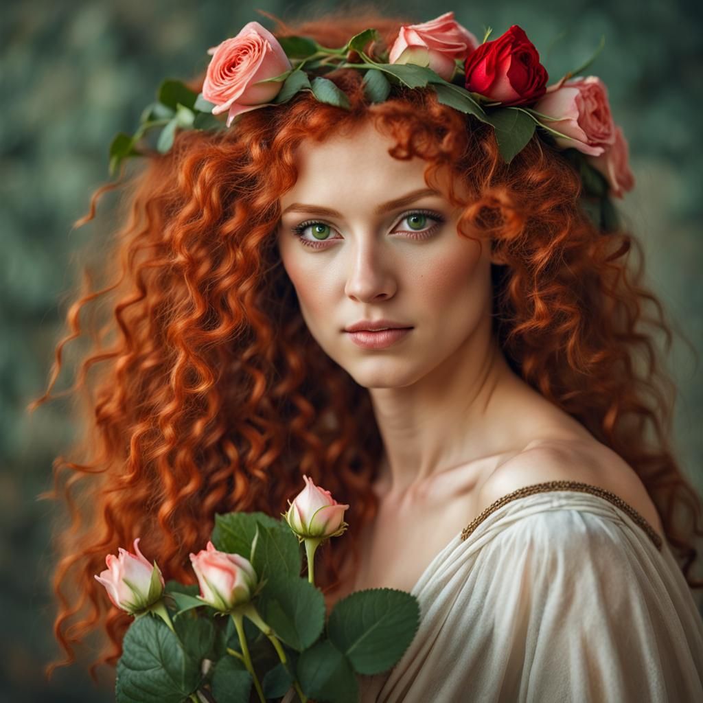 Beautiful Greek Girl with Red Hair and Roses