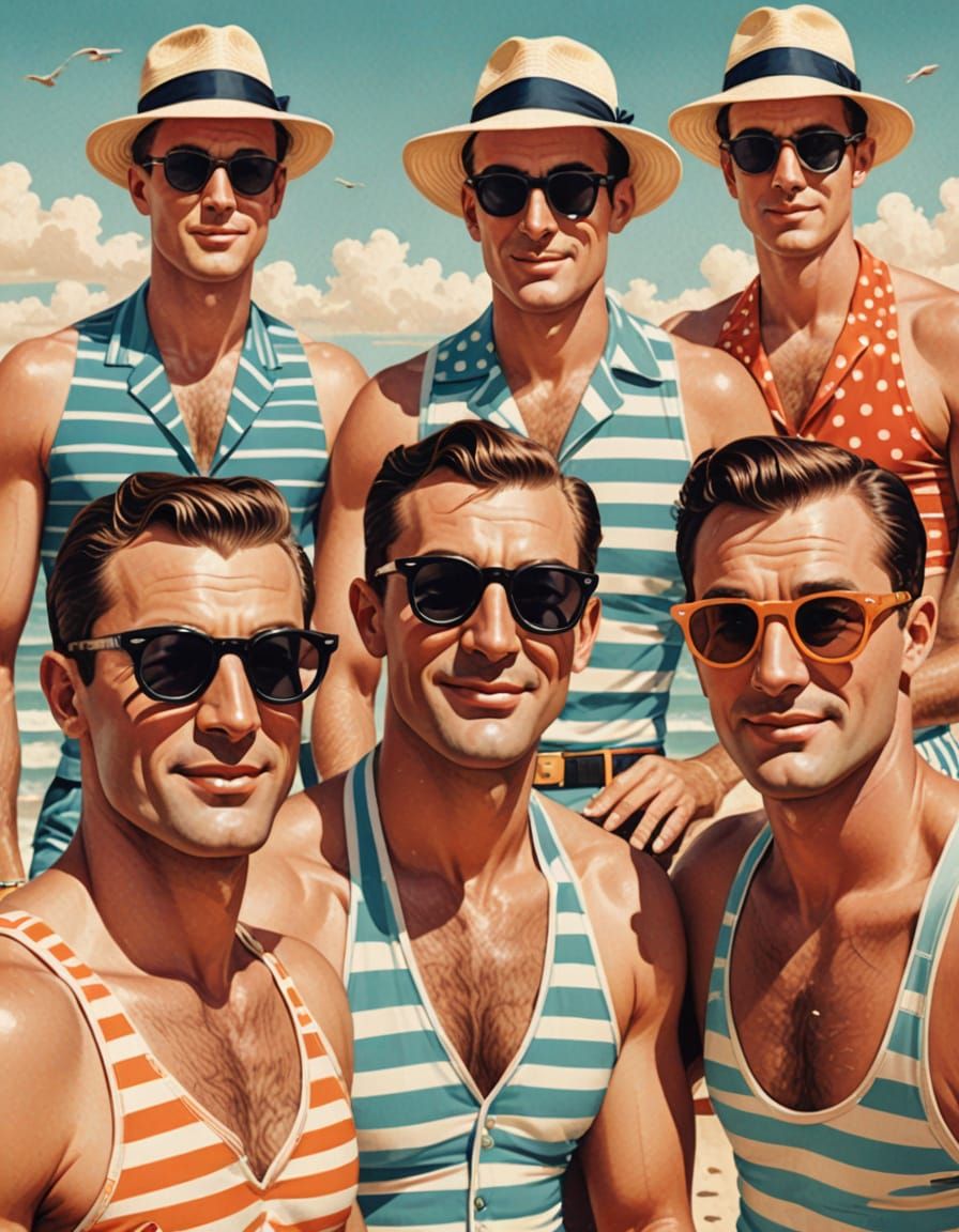 Men's 1950s Beach Fashion in Retro Illustration
