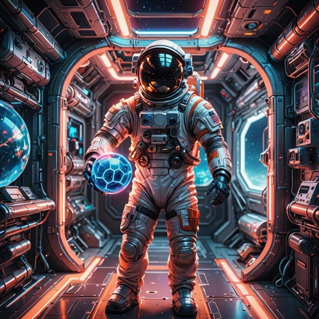 Cartoon Astronaut with Glowing Spaceball in Space Station