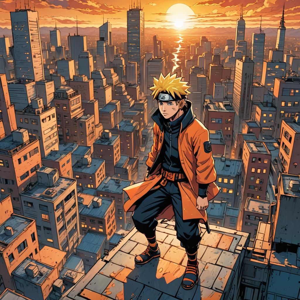 Naruto on Rooftop: Comic Book Art at Sunset