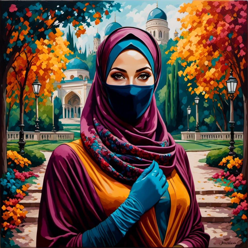 European Woman in Hijab: Detailed Oil Painting