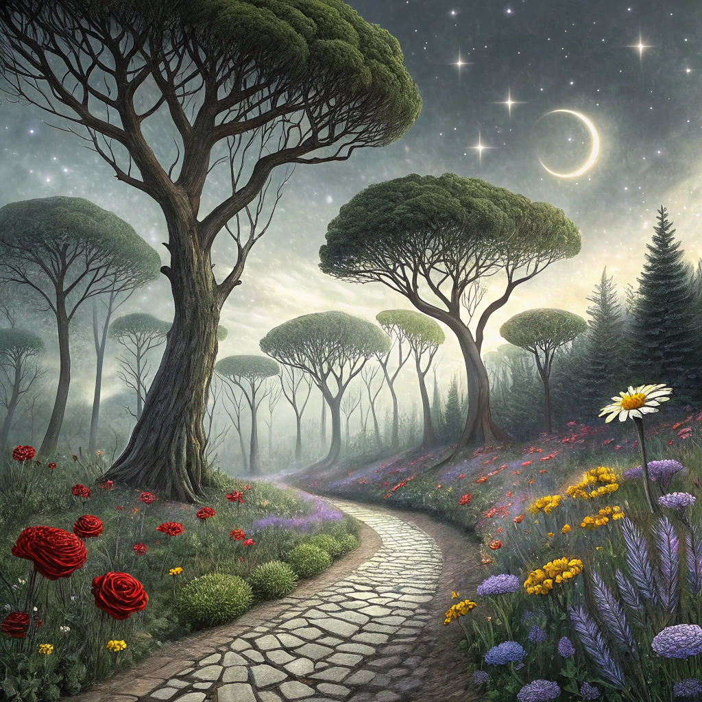 Enchanted Forest with Twisted Trees and Starry Sky