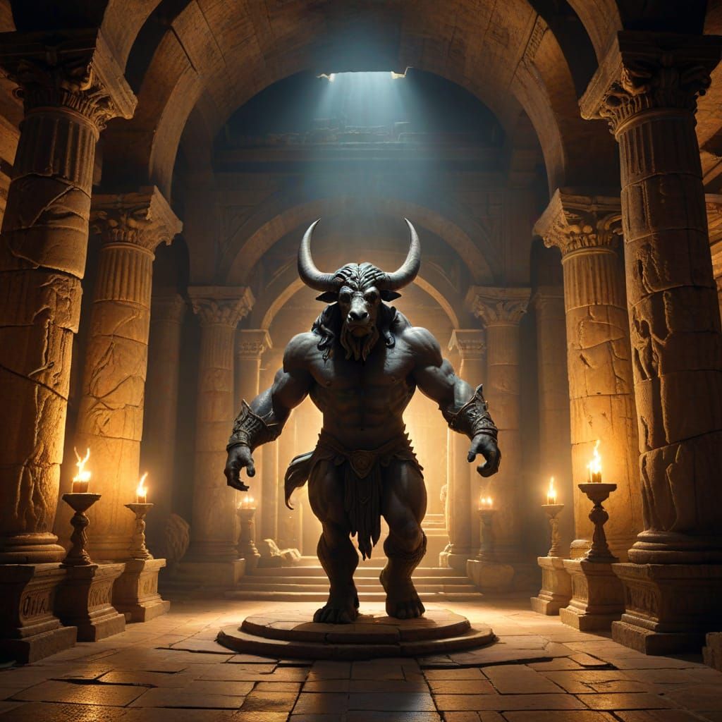 Giant Minotaur in Ancient Greek Temple