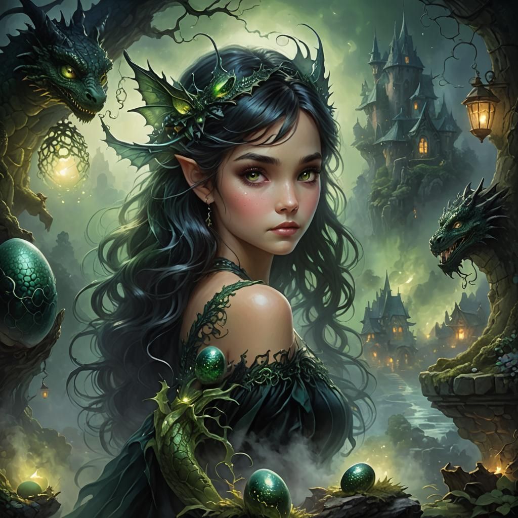 Dark Fairy Watching Dragon Egg: Ethereal Fantasy