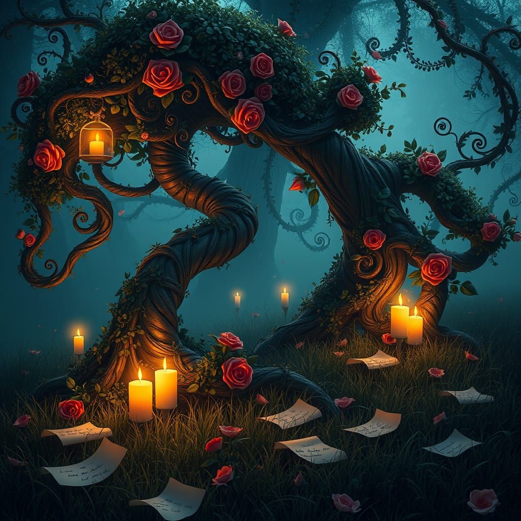 Enchanted Forest with Spiral Trees and Roses in Warm Candlel...