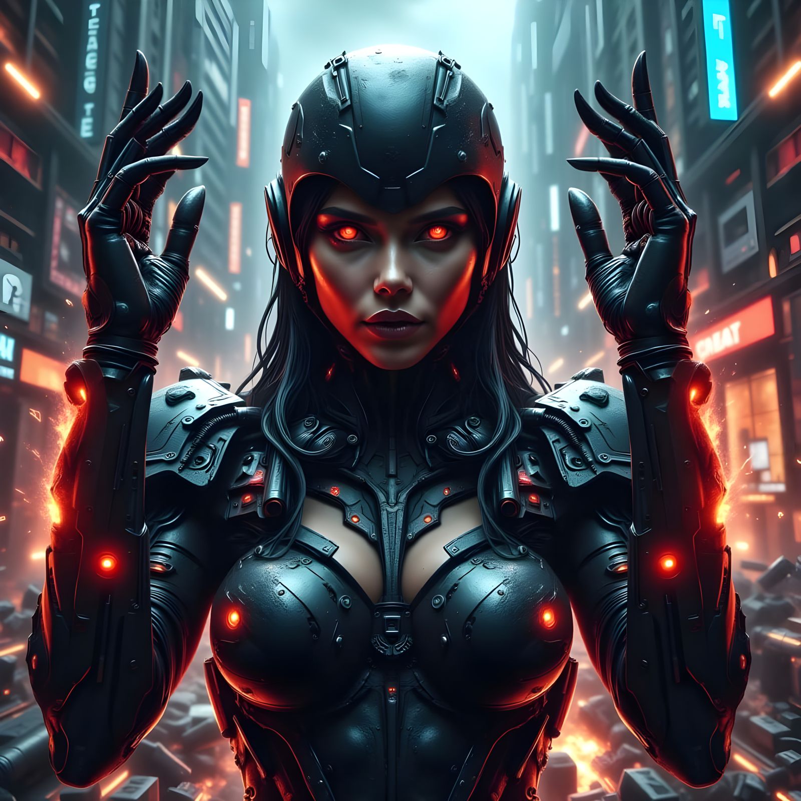 Hyperrealistic Asian Fembot Supervillain in Anime Style