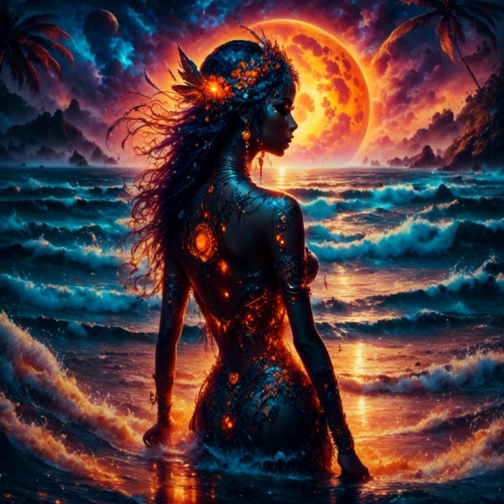 Mystical Ocean at Night with Iridescent Moon