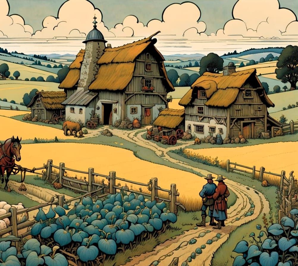 Idyllic Farm Landscape in Folk Art Style