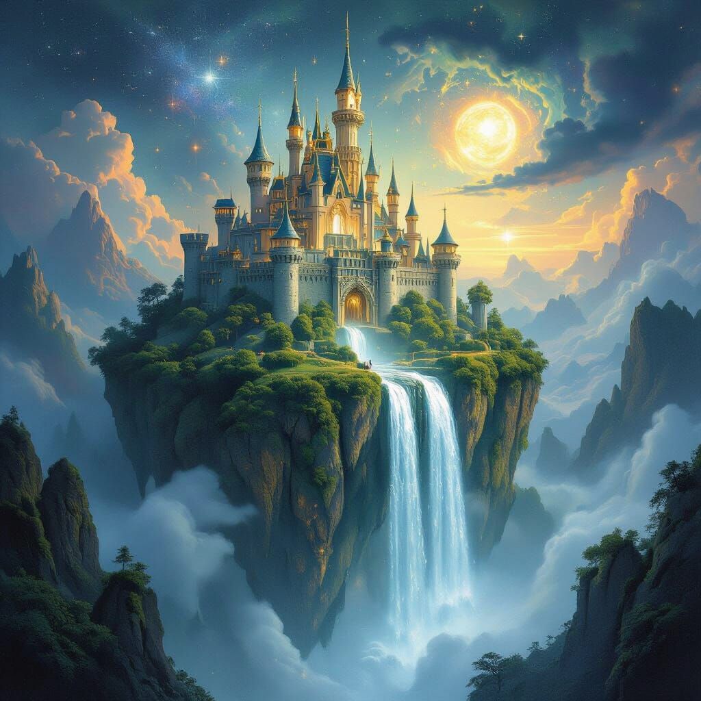 Majestic Floating Castle with Starlit Waterfall