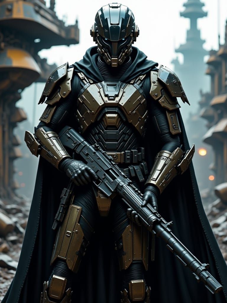 Sci-Fi General in Gleaming Armor on Flagship Deck