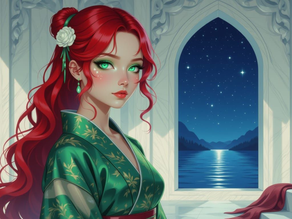 Anime Portrait of Red-Haired Woman in Fantasy Robe