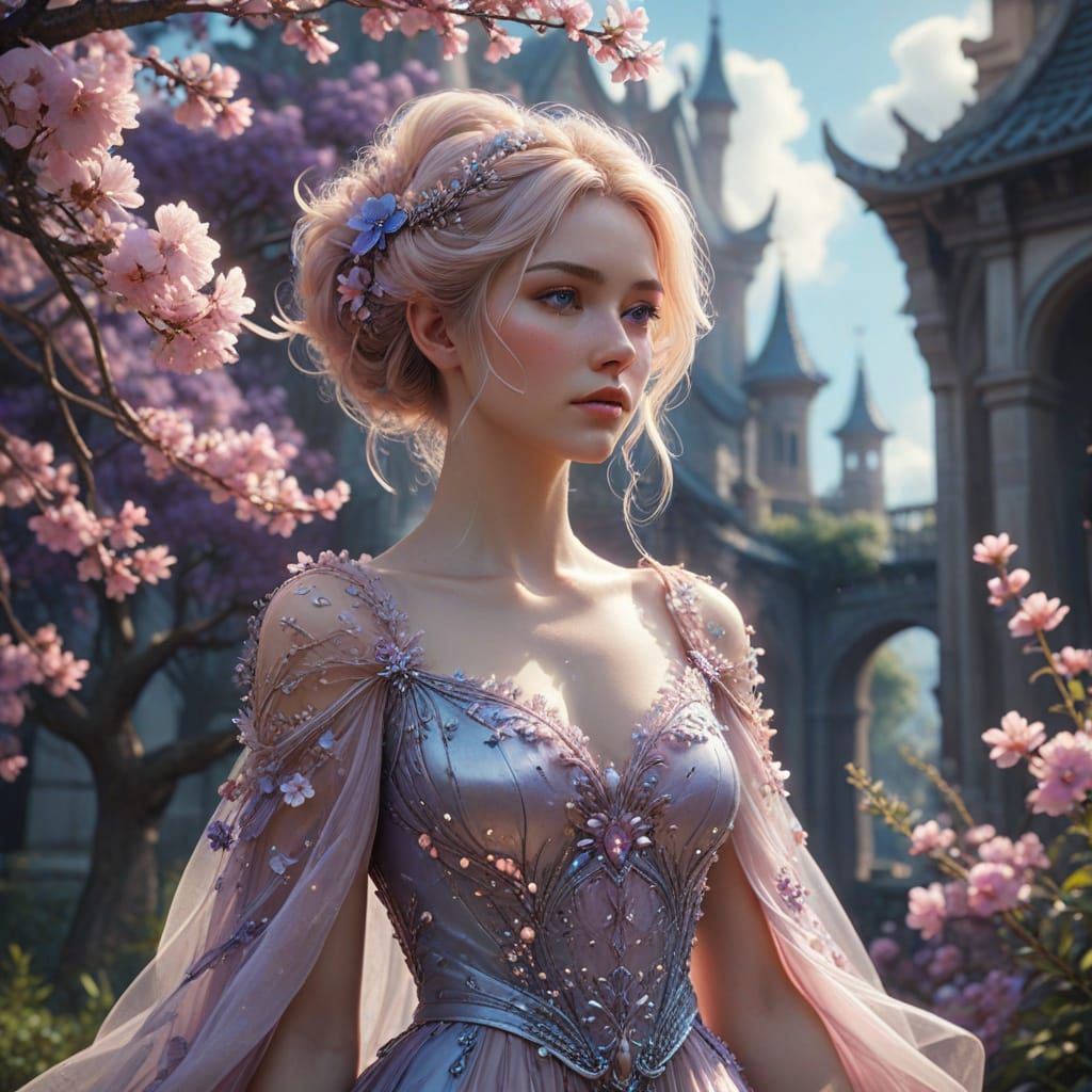 Ethereal Goddess in Floral Gown Amidst Whimsical Clouds