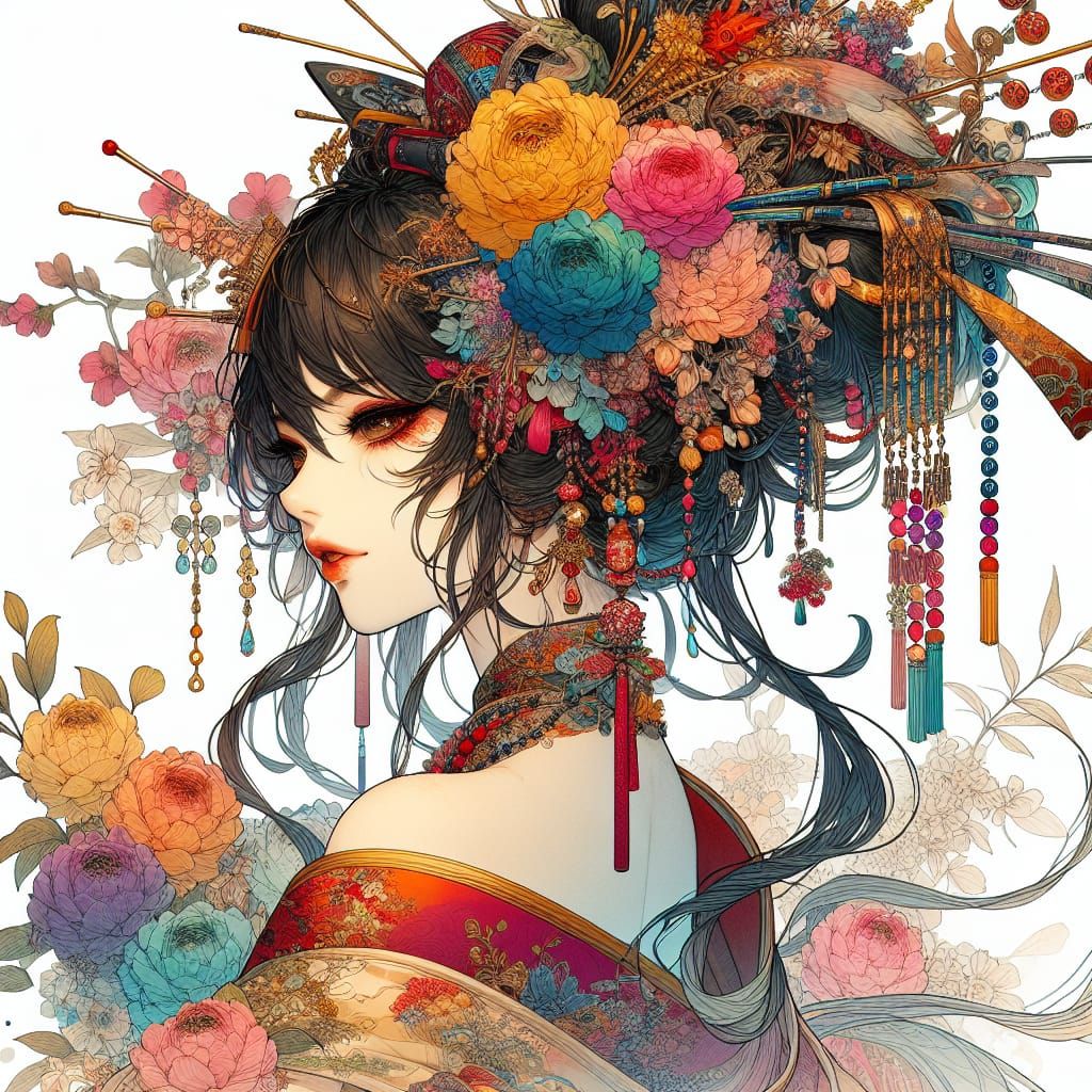 Eastern Goddess in Vibrant Anime-Inspired Attire