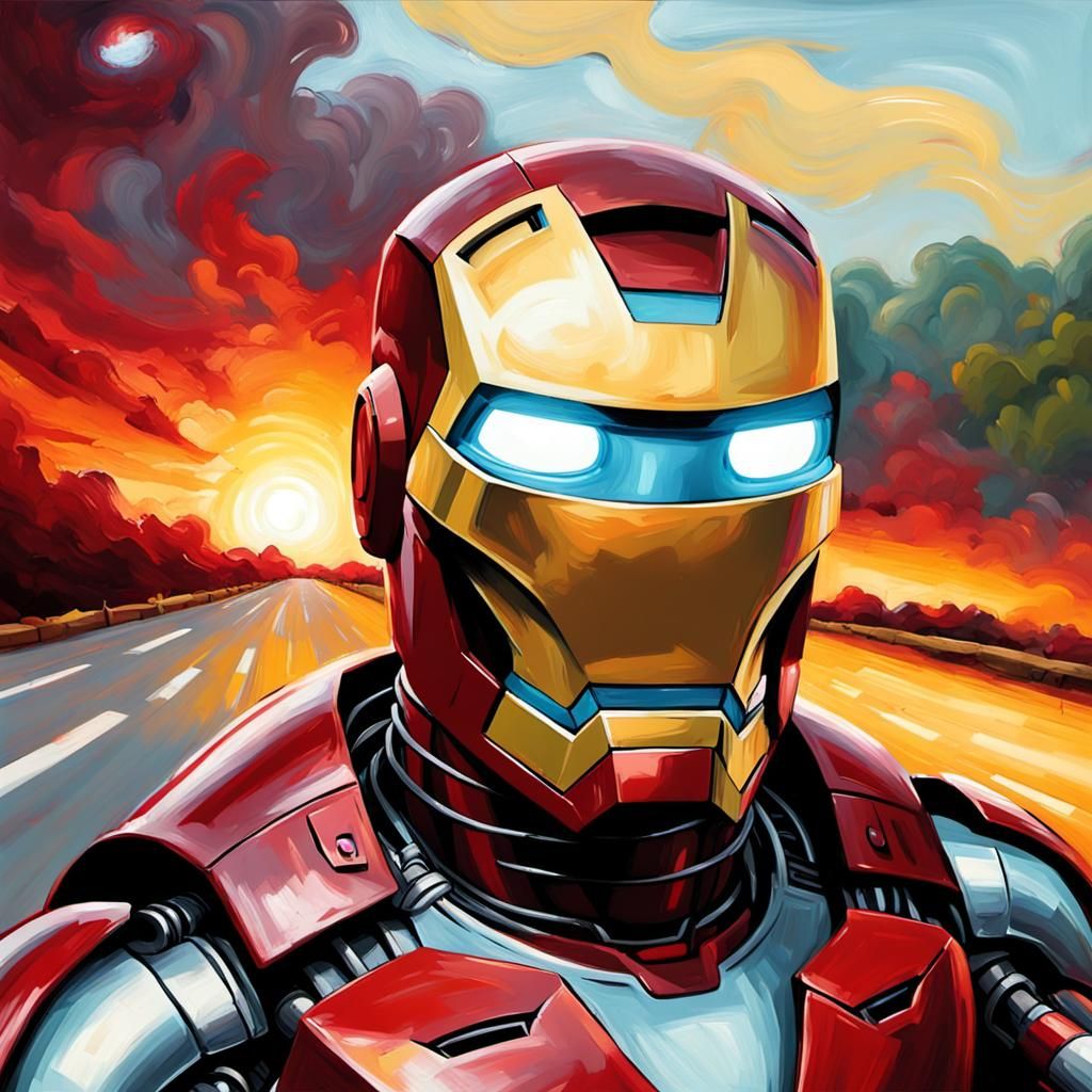 Iron Man Drives: Grotesque Impressionist Oil Painting