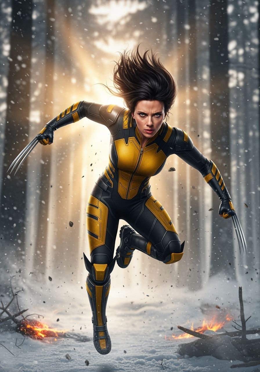Female Wolverine Leaping in Snowy Forest, Ultra-Realistic 8K