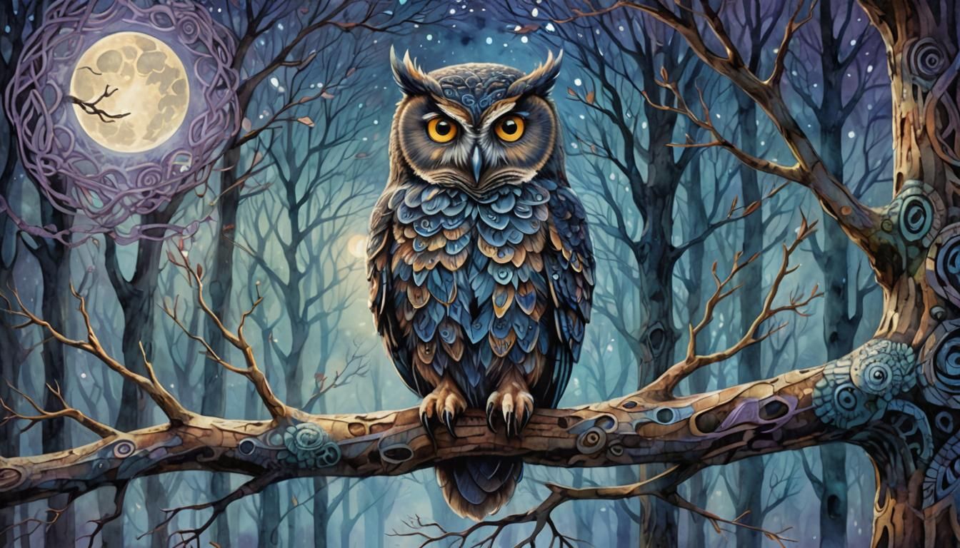 Celtic Owl in Misty Forest: Folk Art Illustration