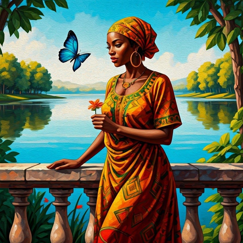 Zambian Woman in Folk Art Style Oil Painting