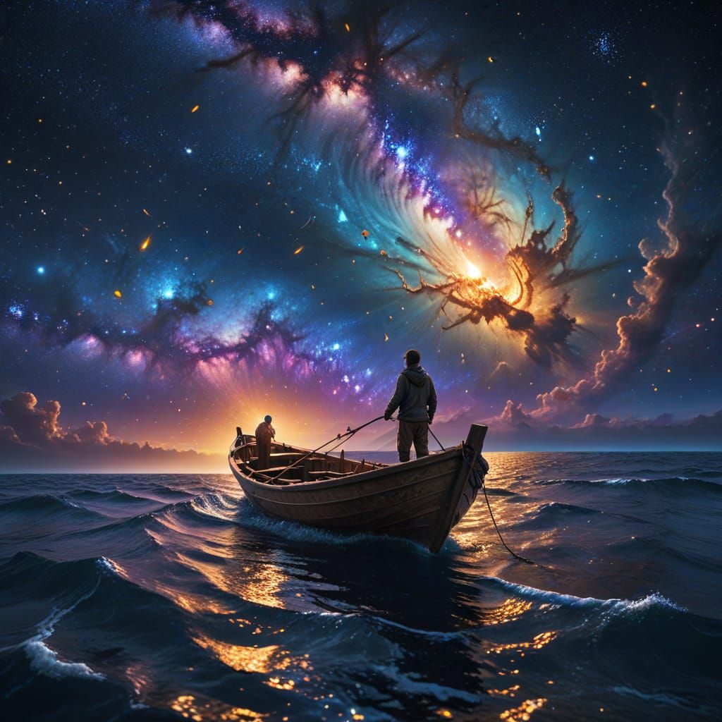 Fisherman Casts Net in Starry Ocean