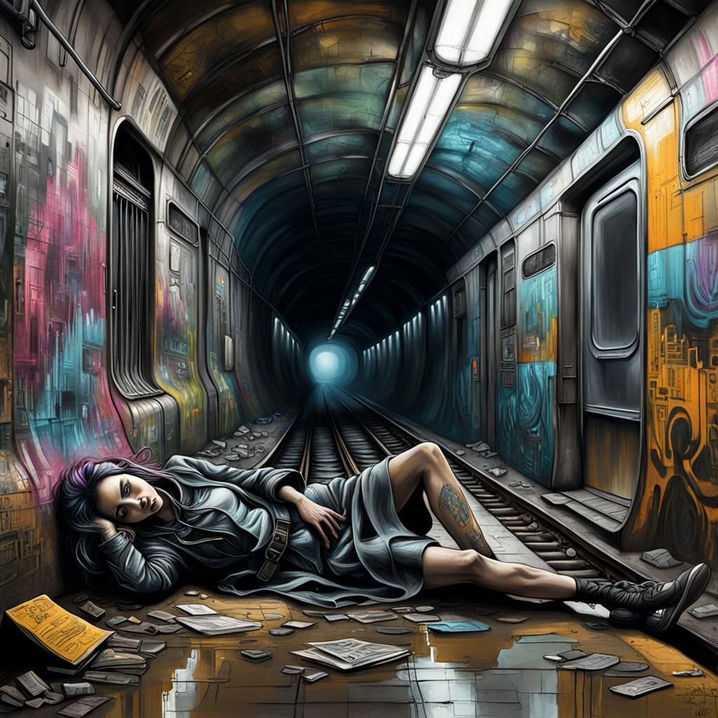 Surreal Cyberpunk Sleeping Beauty in Abandoned Subway