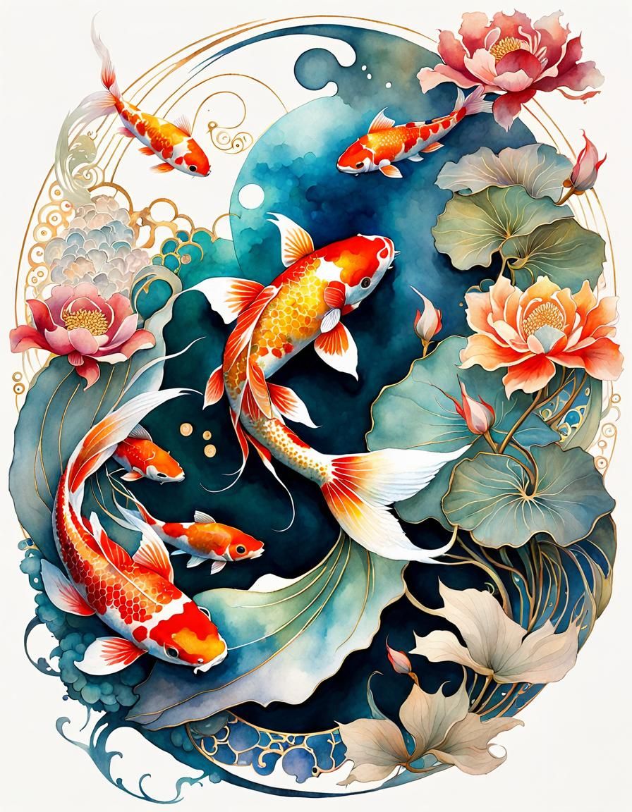Watercolor Koi Tattoo in Klimt Style