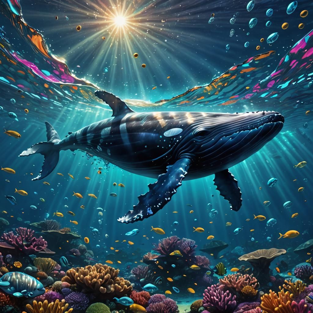 Bioluminescent Whale in Pacific Ocean, Hyperrealistic Concep...