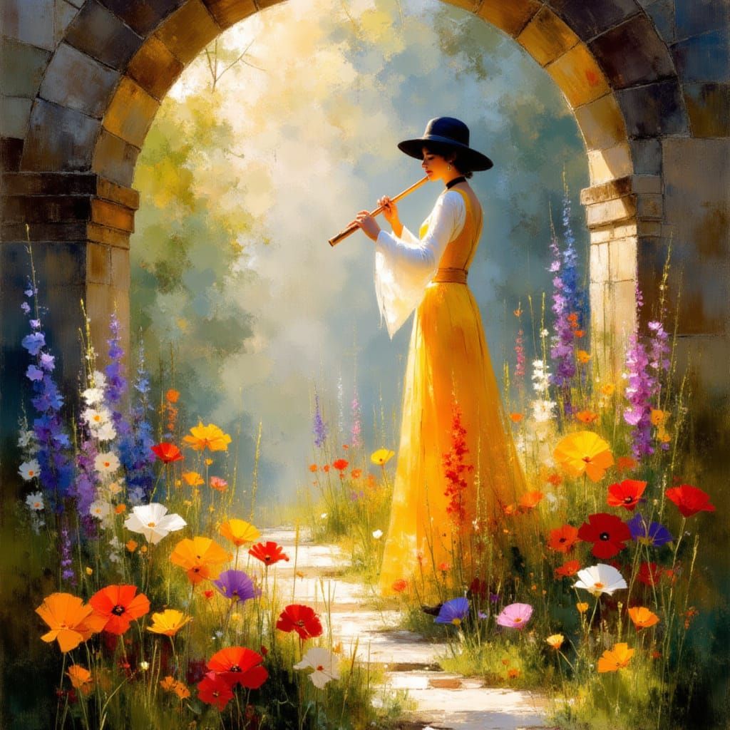 Ethereal Flutist in Vibrant Portal with Floral Wonders