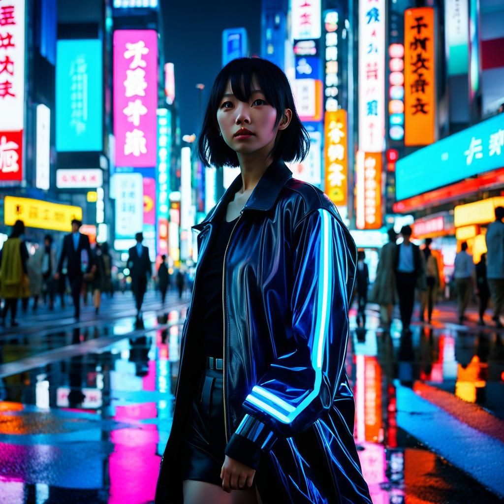 Tokyo Cityscape with Woman in Cyberpunk Style