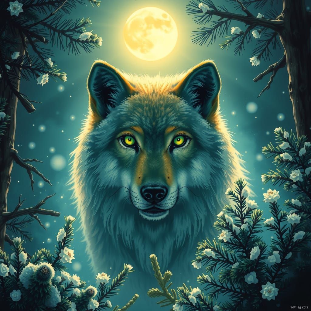 Majestic Wolf in Winter Forest, Illuminated by Moonlight