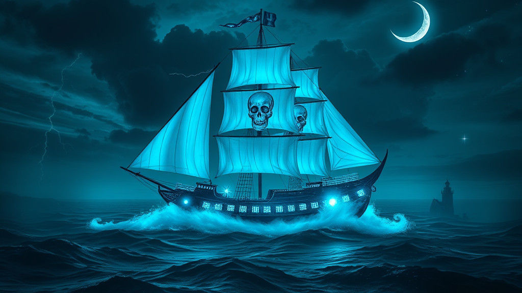 Ghostly Ship in Haunting Seascape with Ominous Skull Figureh...