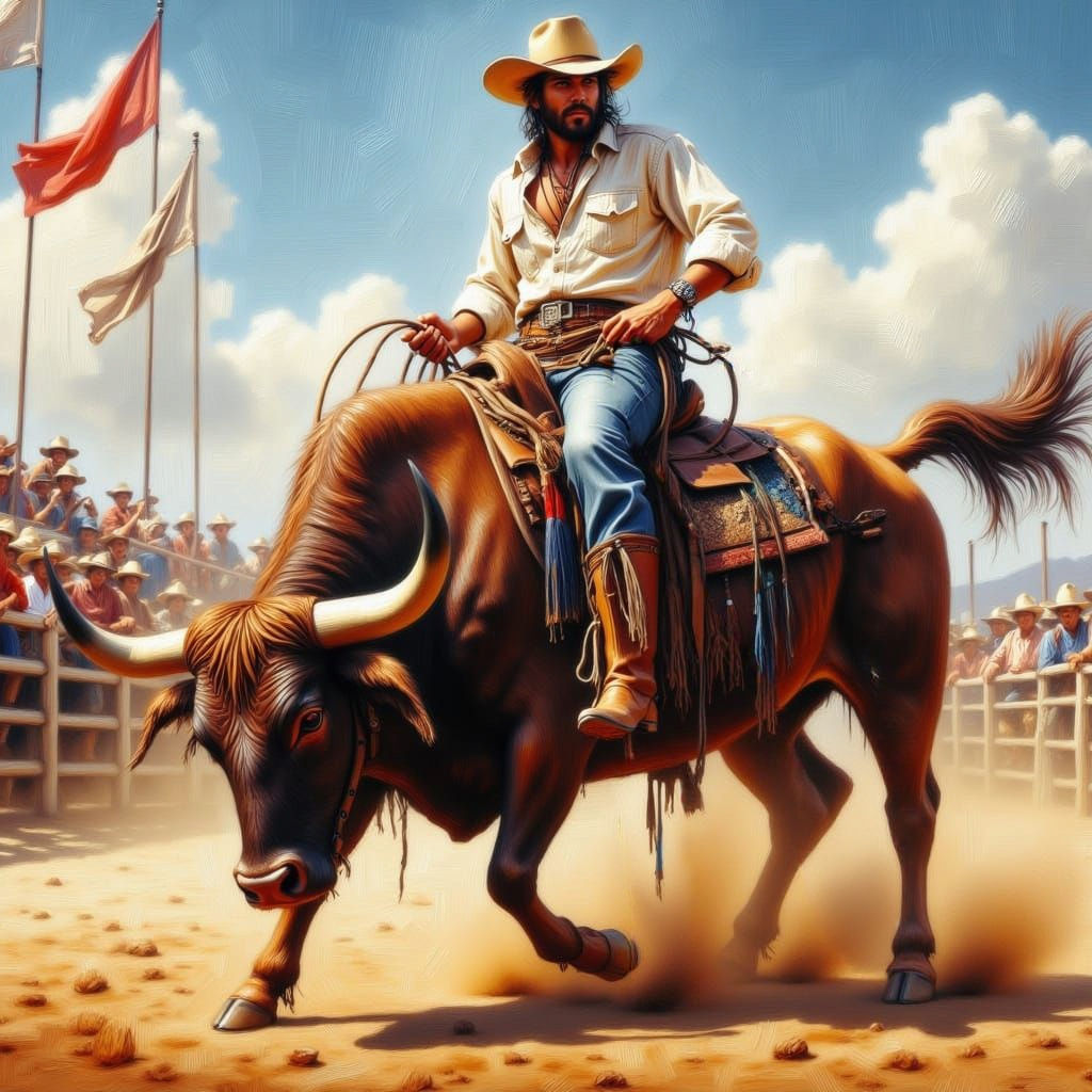Vibrant Rodeo Scene with Daring Female Bull Rider