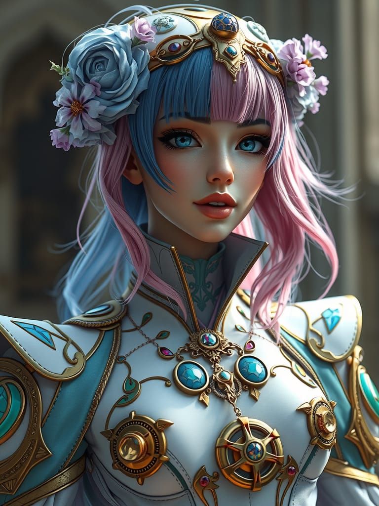 Steampunk Beauty with Pastel Hair, Photorealistic Style