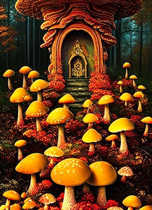 Mushroom Shrine in Autumn Forest: Digital Painting