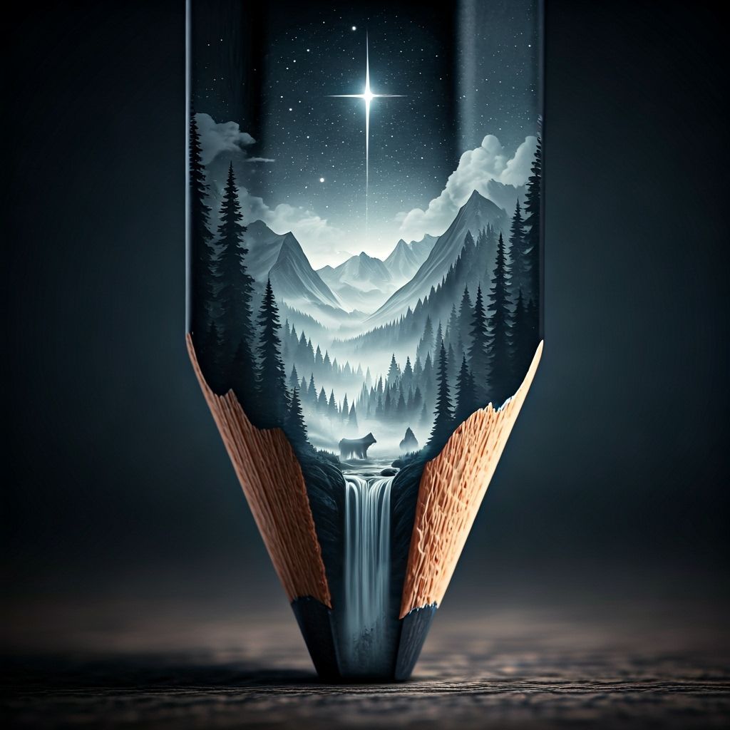 Graphite Pencil Tip Forest Valley with Wolf and Stars