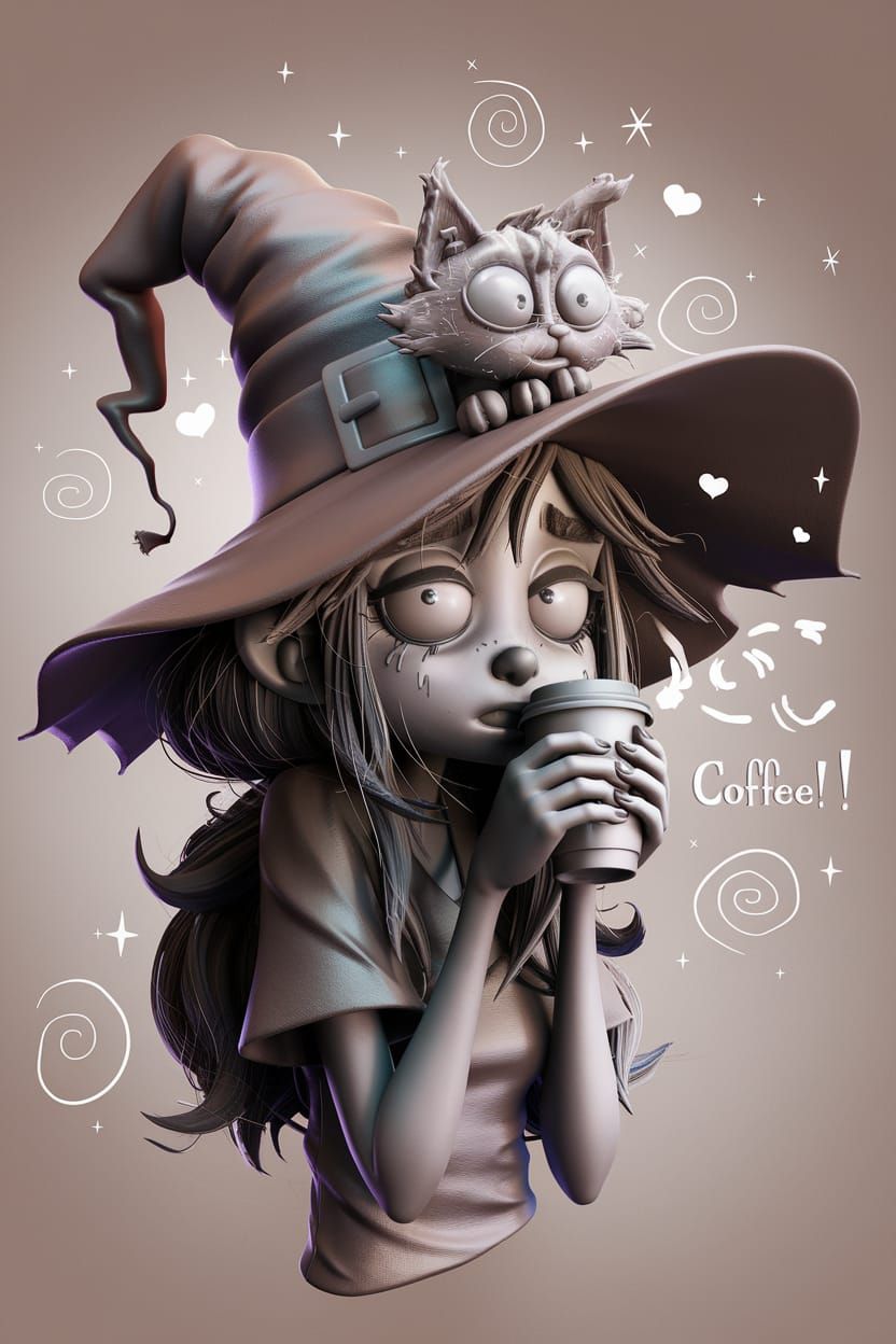 Tired Witch Sketch with Coffee and Cat