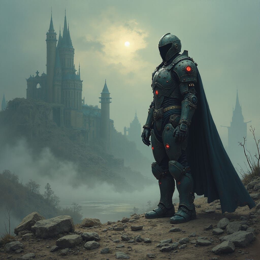 Armored Soldier in Gothic Steampunk Ruins