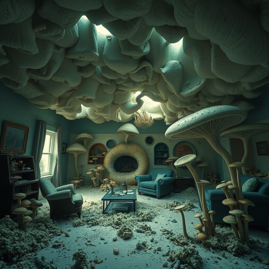 Surreal Fungal Overgrowth in a Post-Apocalyptic Living Room