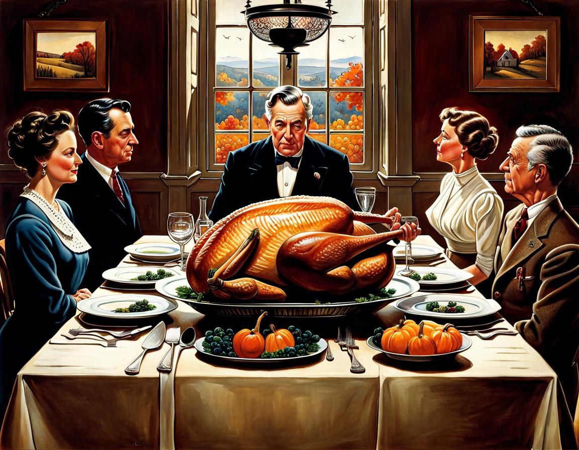 Thanksgiving Tablescape Illustration in Rockwell Style