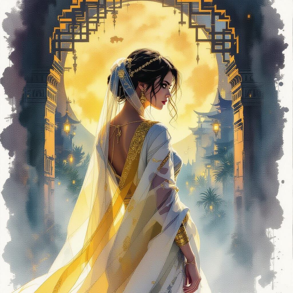 Woman in Golden Veil in Old Room