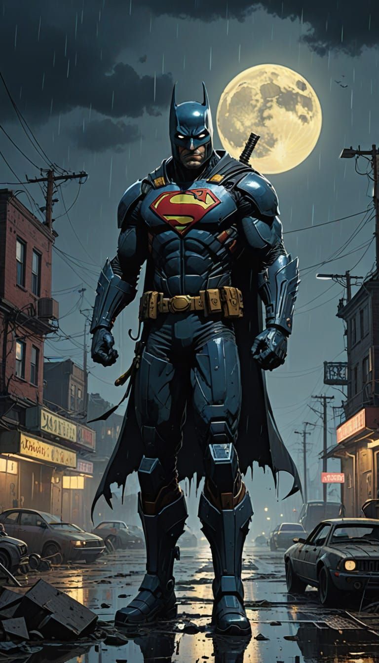 Cyberpunk Superhero Unleashes Power on a Rainy Rooftop