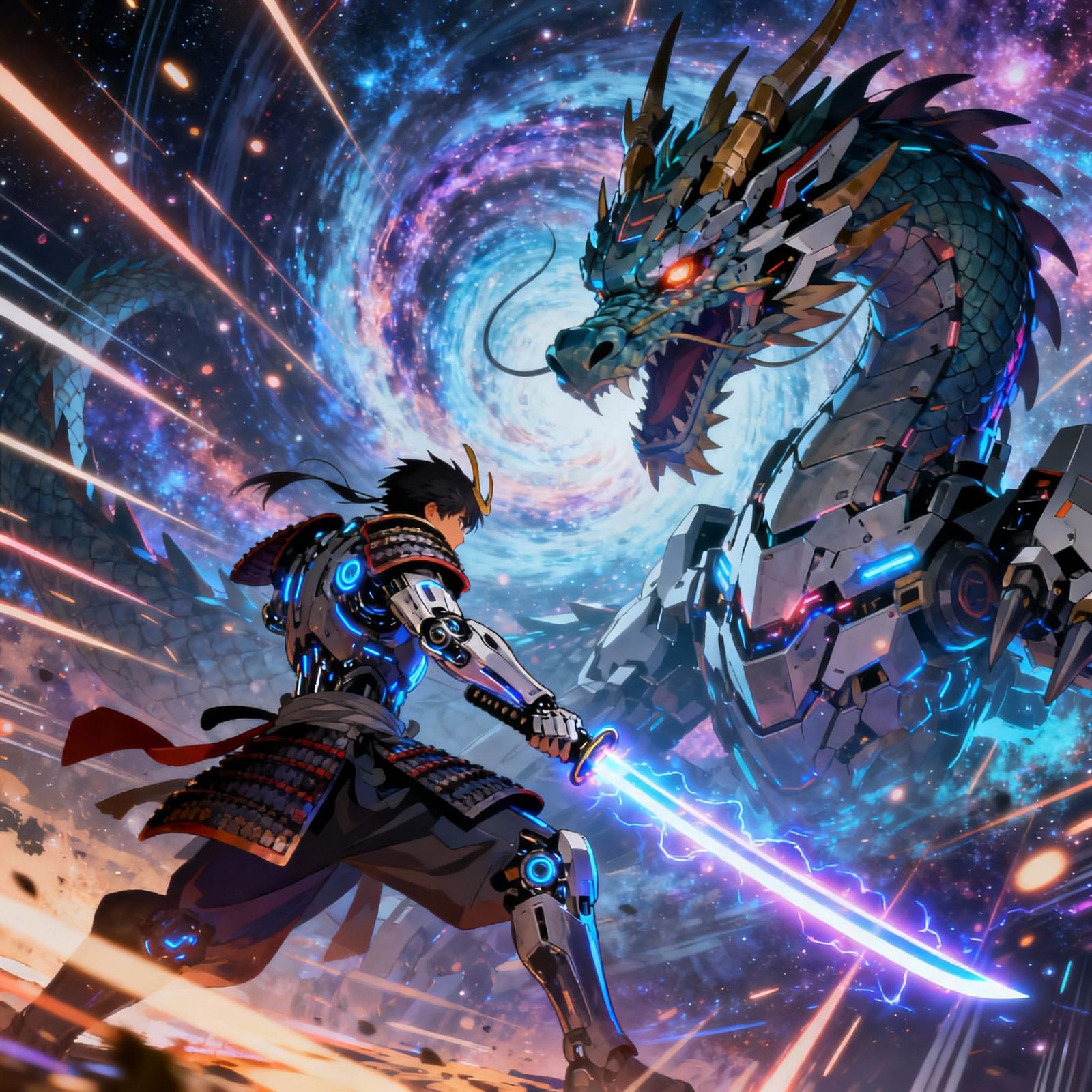 Cybernetic Samurai Battles Mecha Dragon in Nebula