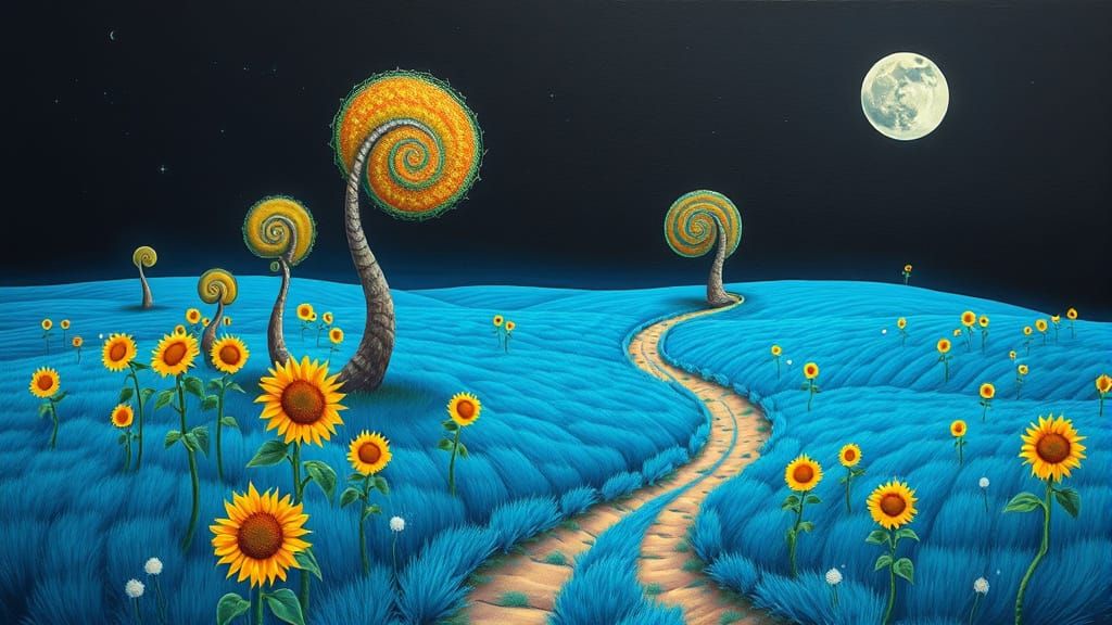 Surrealist Landscape with Spiral Trees in Fractal Colors